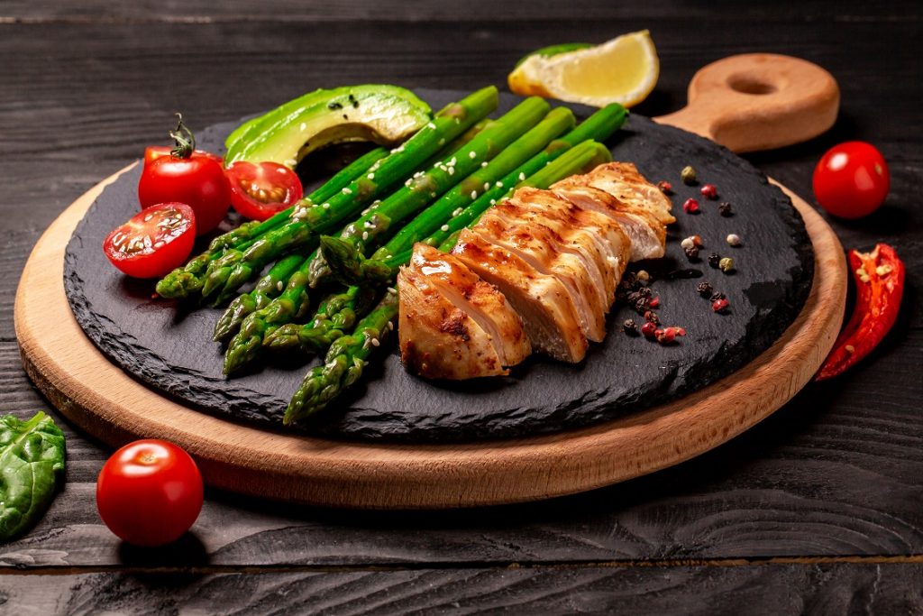 Ketogenic diet breakfast. Chicken grilled fillet with salad fresh tomatoes, asparagus and avocado. Healthy food, diet menu. Long format with copy space.